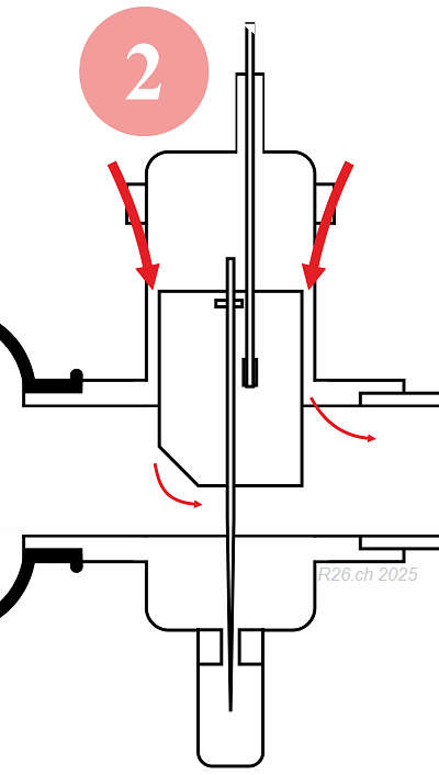 Schema du carburateur, avec des fleches indicant les entrees d'air potentielles.